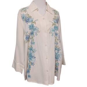 NEW Floral Embroidered Blouse Top Shirt Cotton Linen Plus 1X Off-White Blue Boho